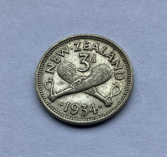 1934 New Zealand threepence coin .500 silver
